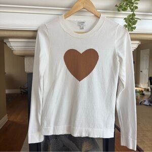 J. Crew Teddie White Knit Fitted Sweater with Brown Heart Design Small Cotton